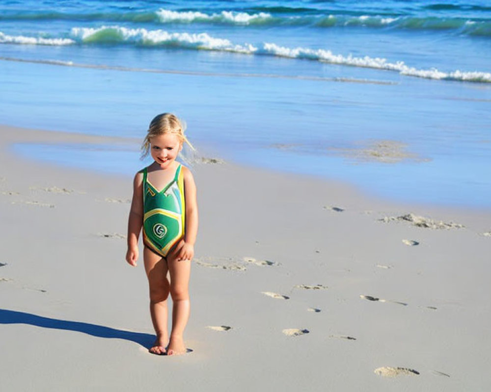 Child in Swimsuit on Sandy Beach with Waves and Blue Sky