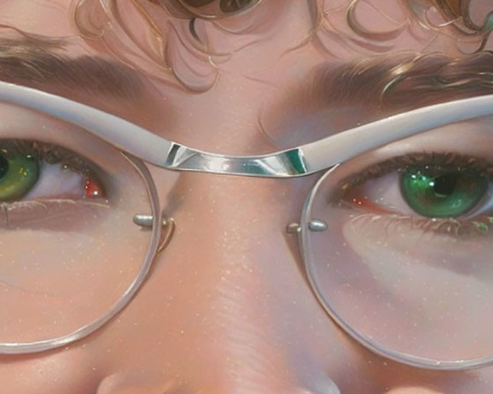 Detailed Close-up of Green Eyes with Cat-eye Glasses and Curly Hair