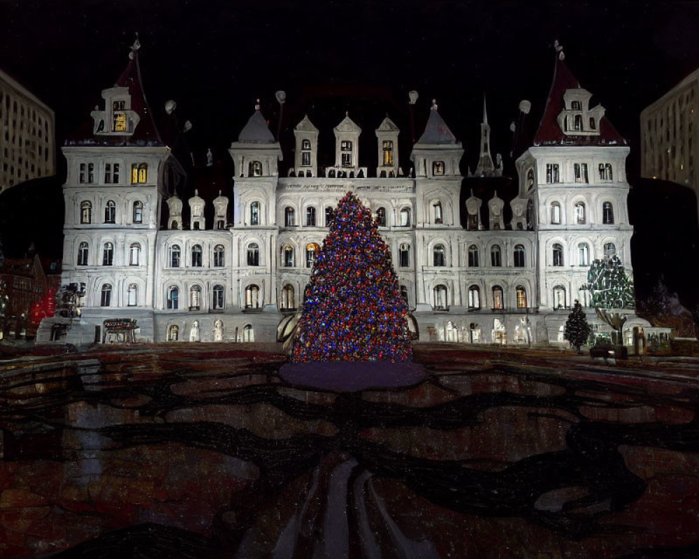 Ornately Decorated Christmas Tree in Front of Historic Building