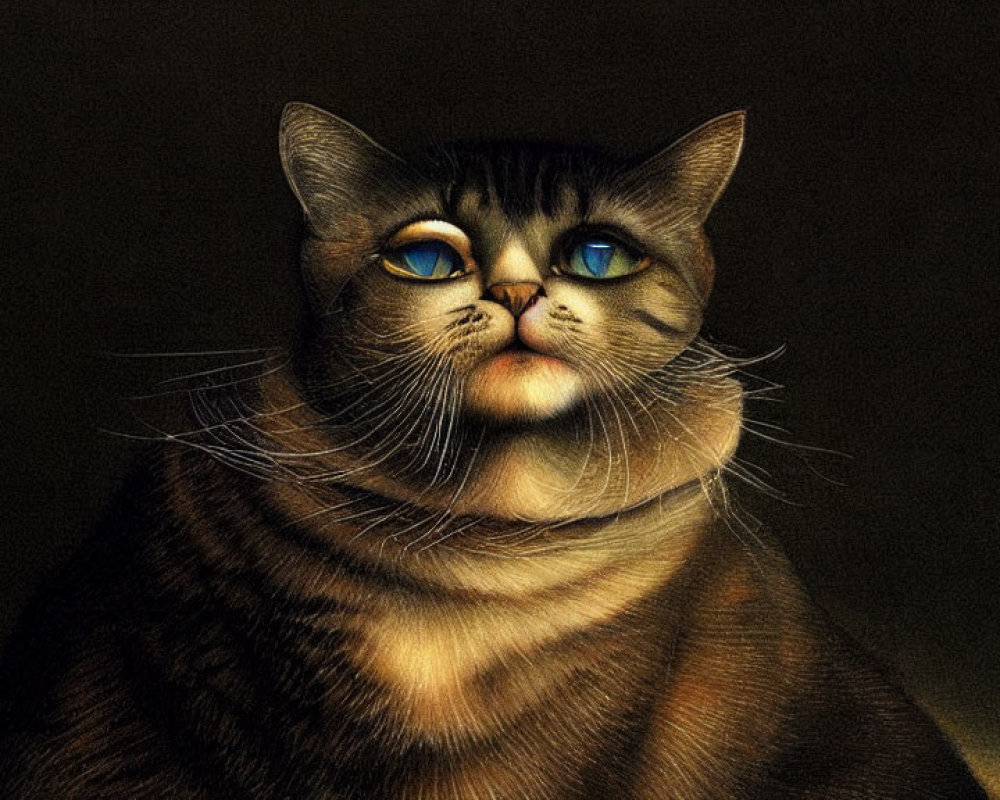 Realistic Cat Illustration with Blue Eyes and Detailed Fur on Dark Background