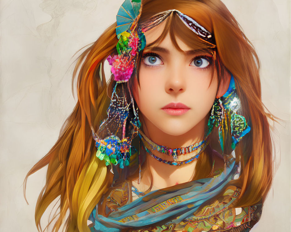 Detailed digital illustration of young girl with large blue eyes, adorned with beads and feathers