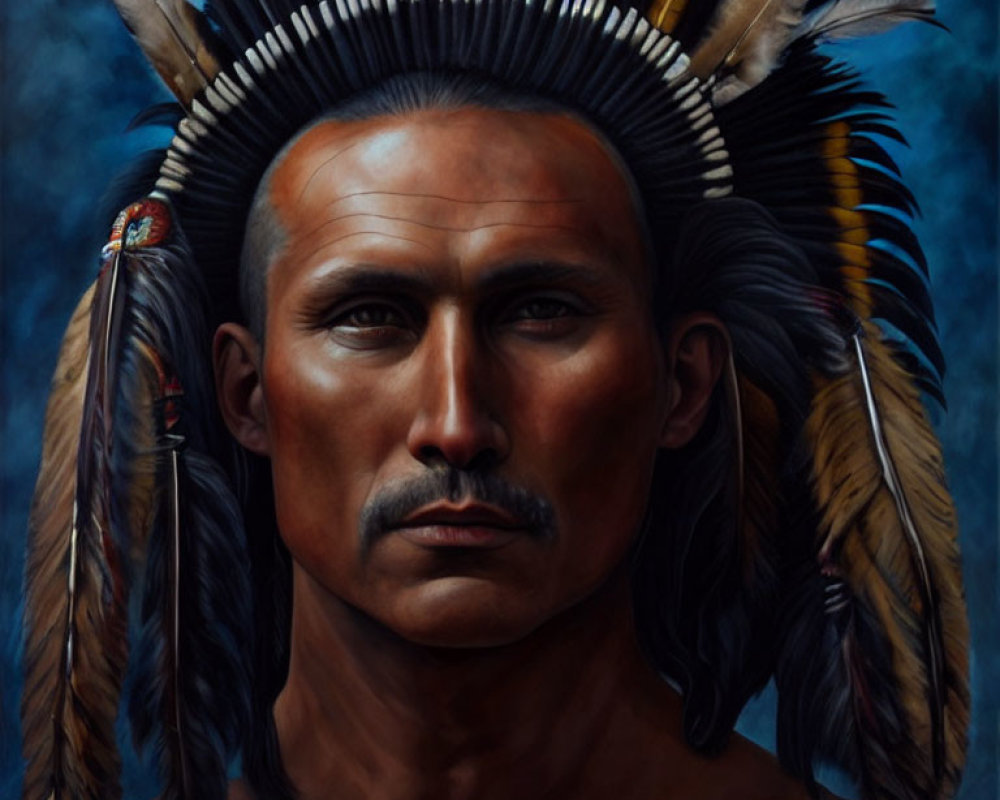 Traditional Native American headdress portrait with detailed feathers and serene expression