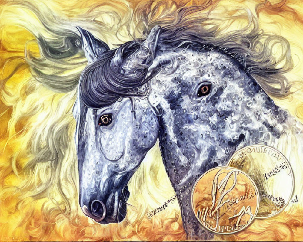 Colorful Blue Horse with Spiral Horn on Golden Swirl Background