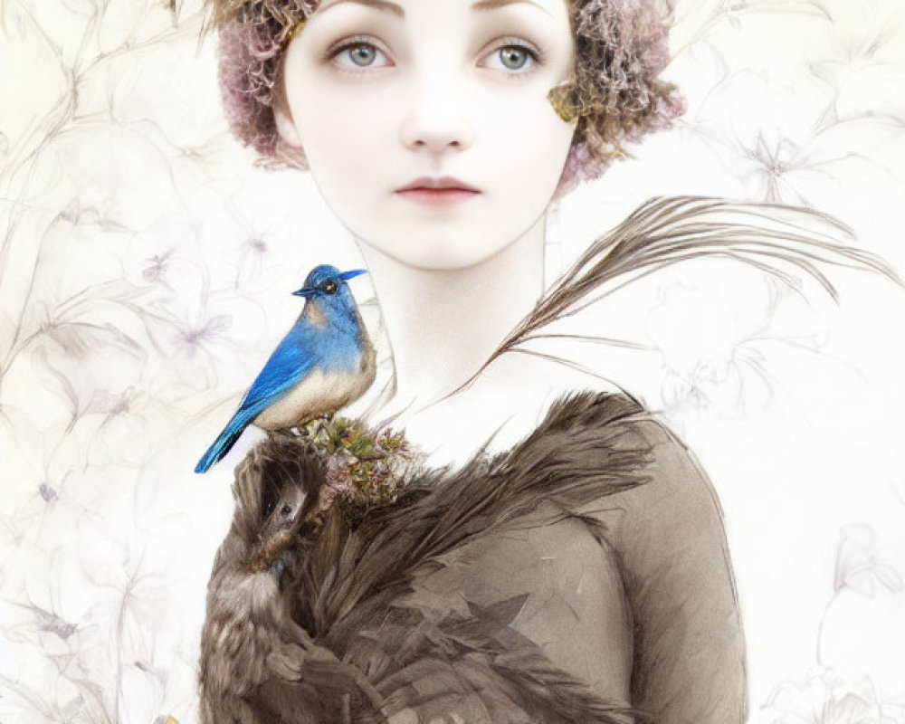 Surreal portrait of woman with feathered details and bluebird among delicate flora