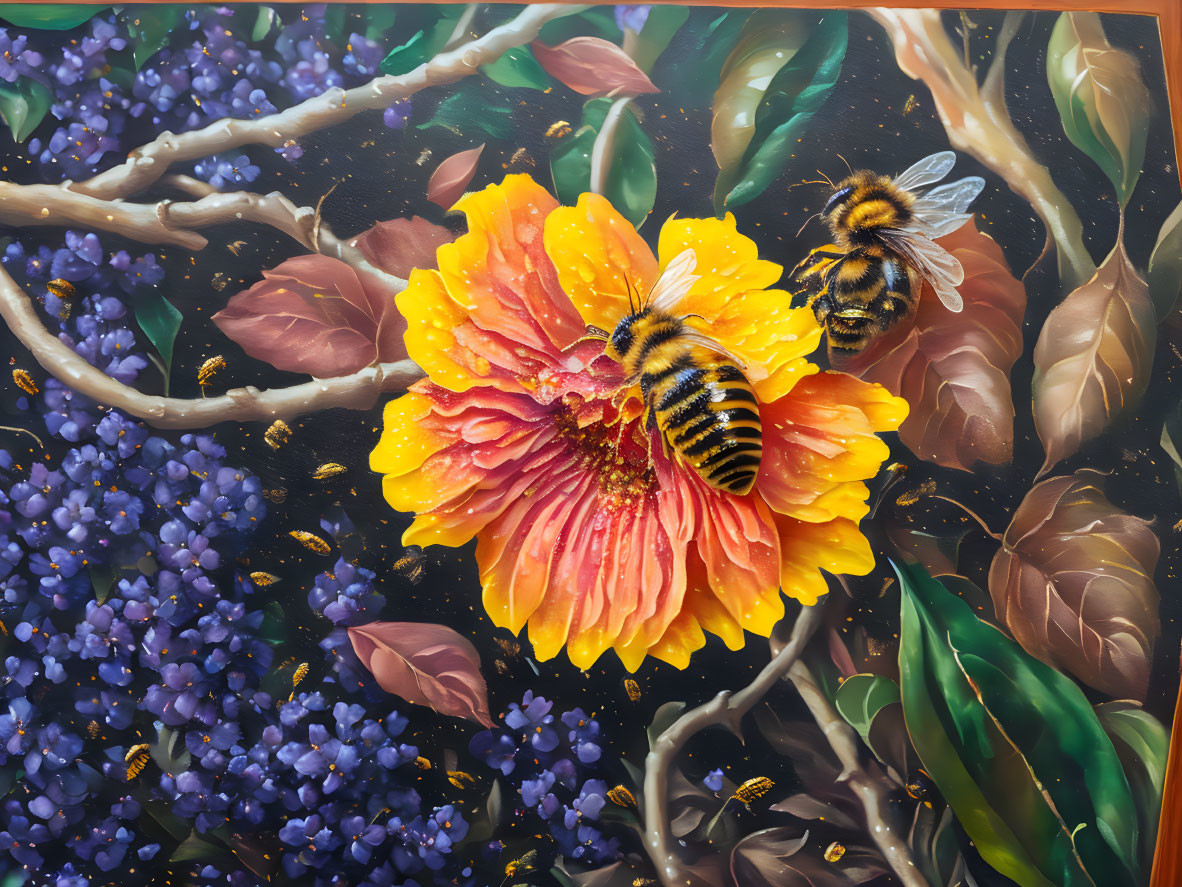 Detailed Orange-Yellow Flower Painting with Bees and Purple Blooms