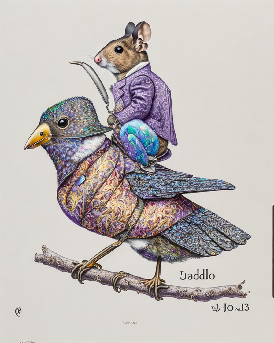 Mouse with human-like face in purple jacket riding bird with colorful feathers