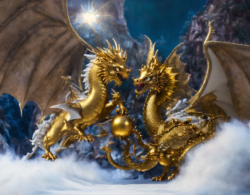 Golden dragons with intricate scales and wings holding an orb in misty rocky terrain