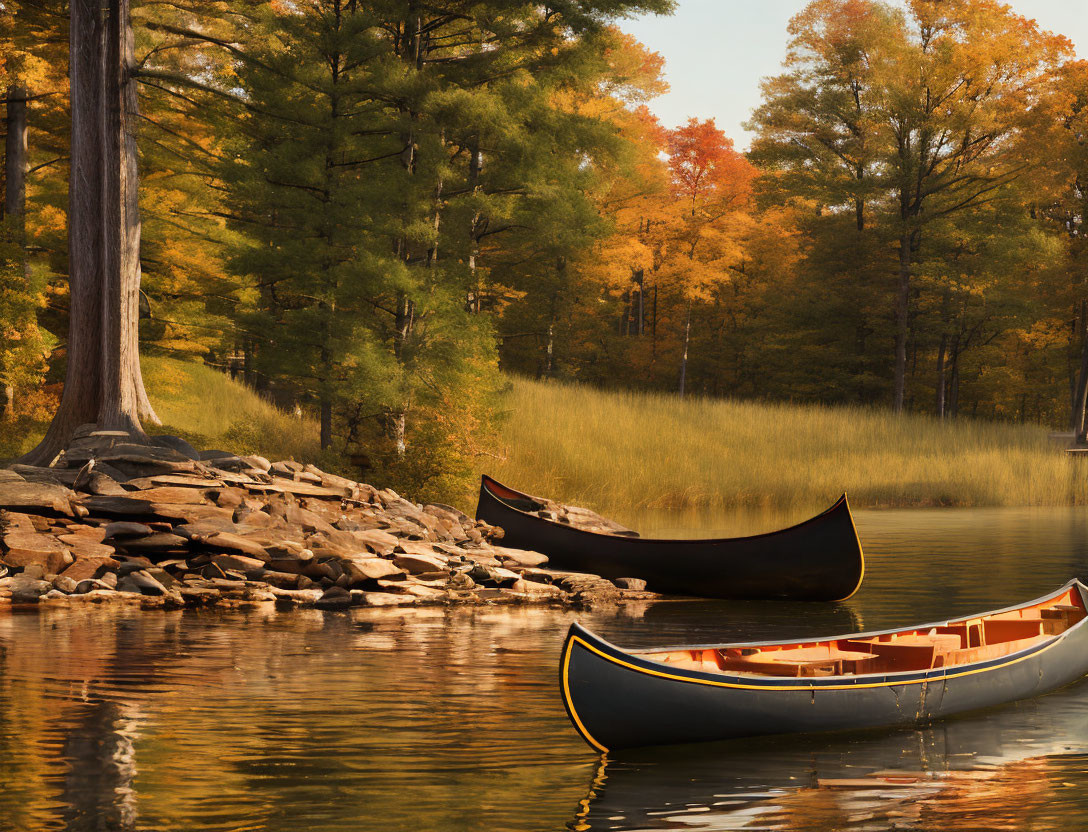 Autumn forest reflected in calm lake with two canoes at dusk