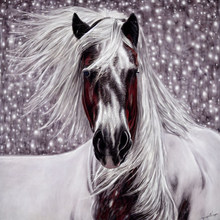 Black and White Horse with Flowing Mane on Starry Night Background