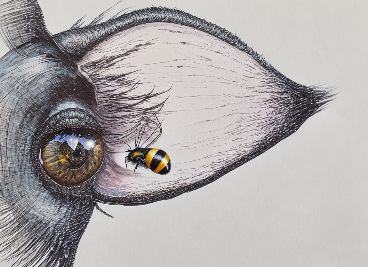 Detailed drawing of animal eye with bee on eyelid, intricate textures and reflections