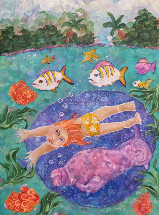 Colorful underwater mermaid illustration with orange hair and fish.