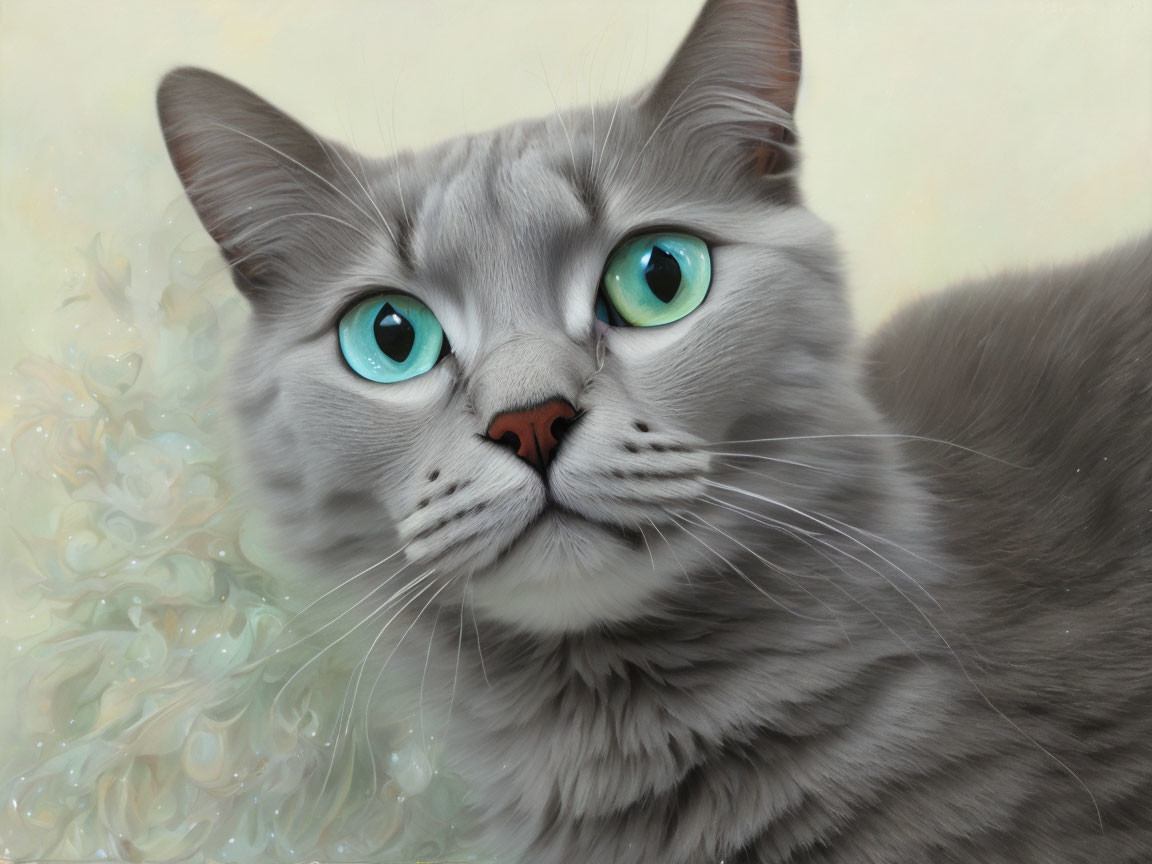 Gray Cat with Turquoise Eyes and Fluffy Fur Texture on Soft Background