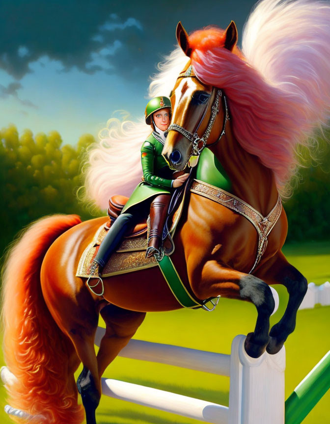 Stylized painting of person in green riding attire on majestic chestnut horse leaping over white fence