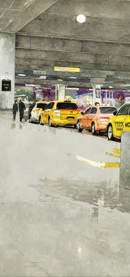 Illustration of a busy indoor taxi stand with people and yellow cabs