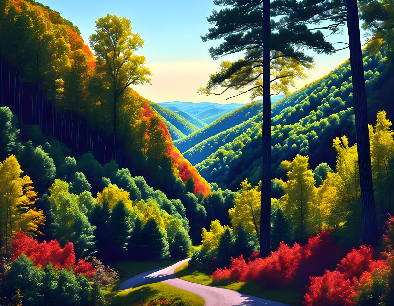 Scenic winding road in vibrant forest with sunlight and colorful foliage