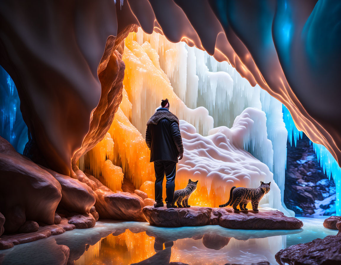 Person and two leopards in vibrant ice cave with blue and orange walls