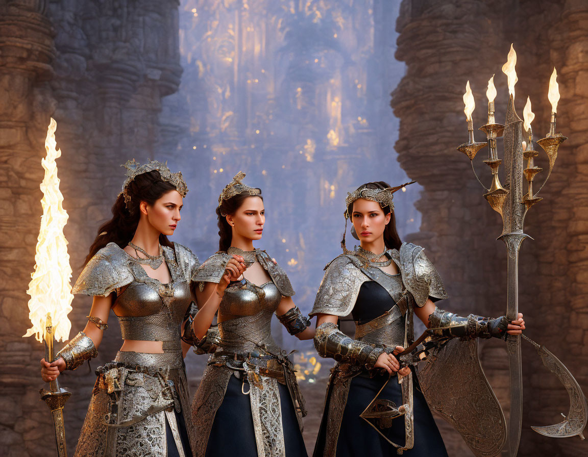 Three women in medieval armor and crowns with symbolic items before a castle.