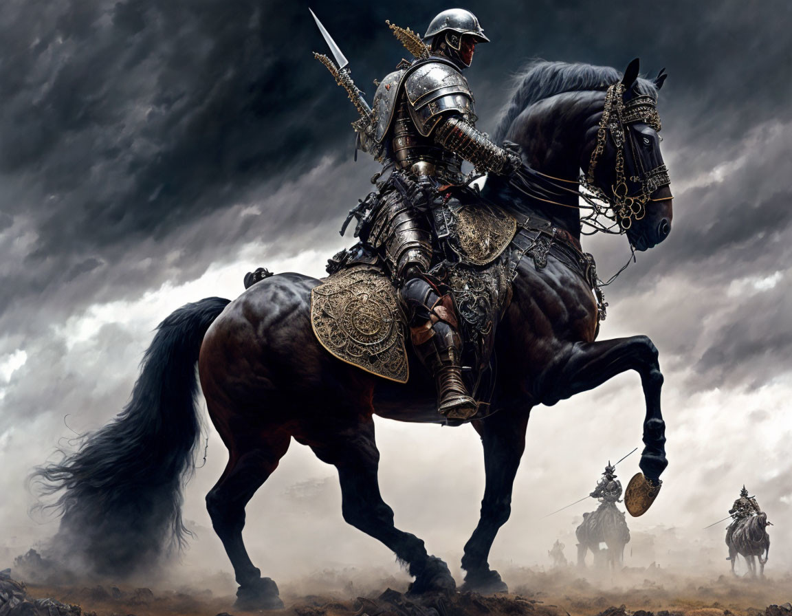 Knight on black horse with armored rider in stormy sky