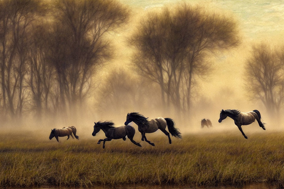 Herd of horses galloping in misty meadow with silhouetted trees