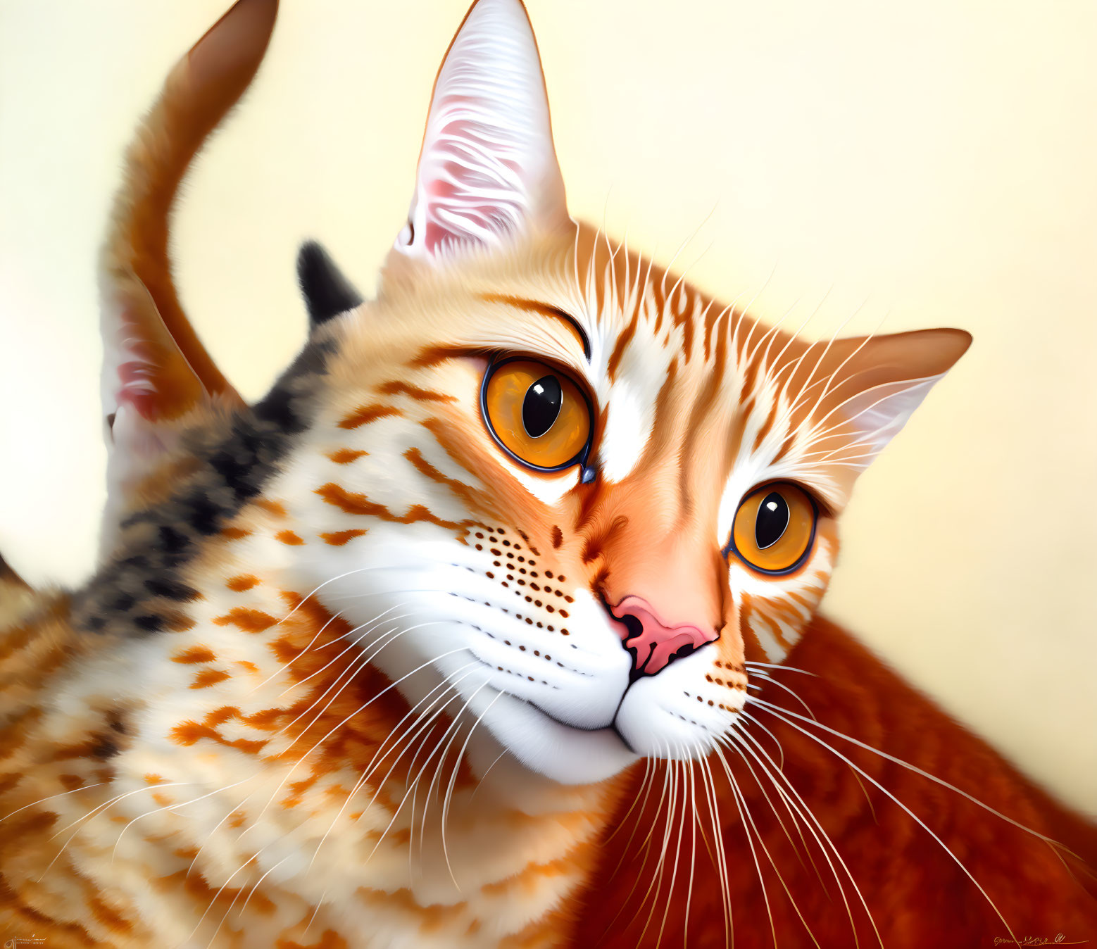 Illustrated orange tabby cat with amber eyes and white whiskers on soft background