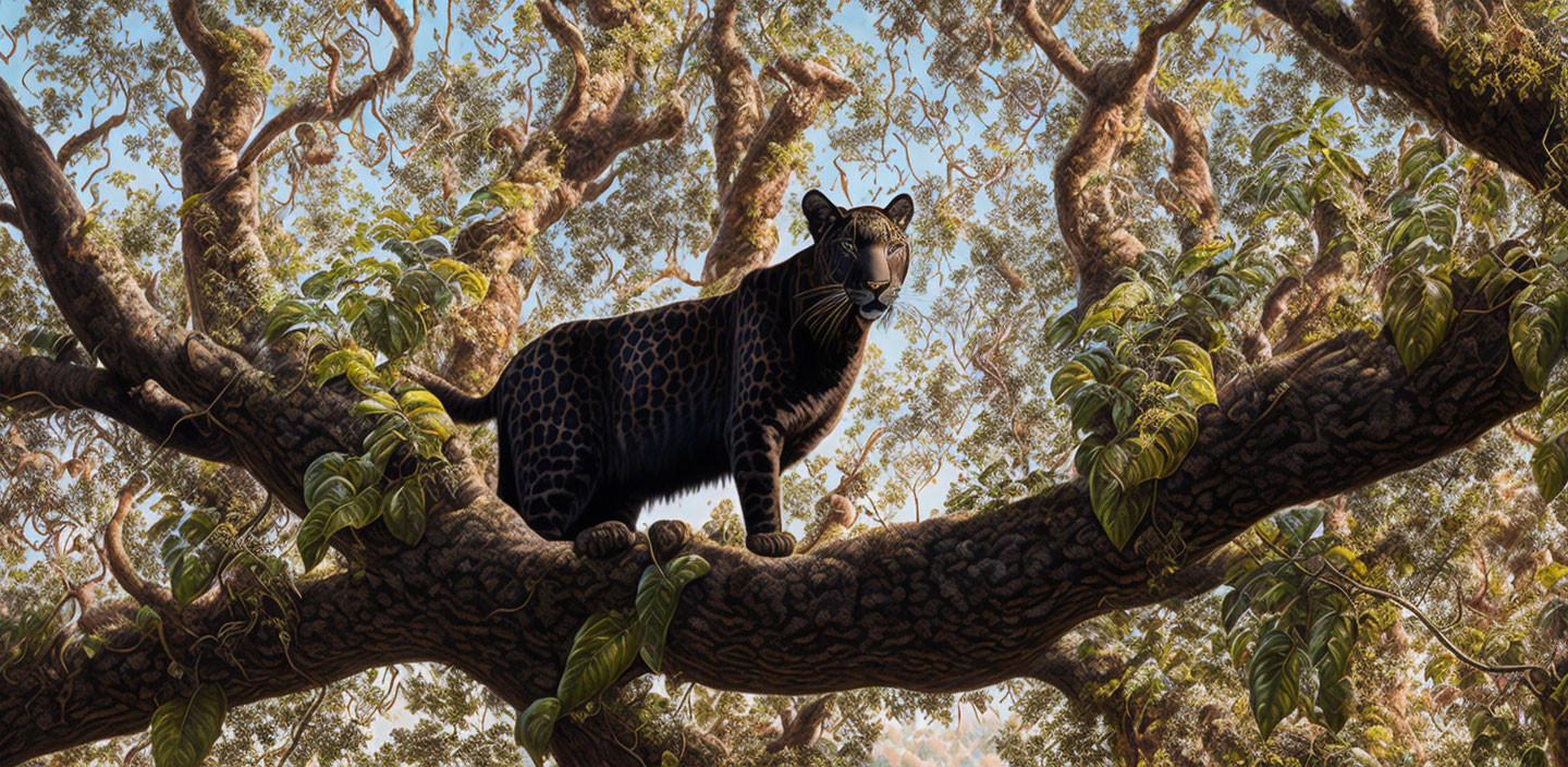 Leopard on thick tree branch in dense forest with dappled sunlight