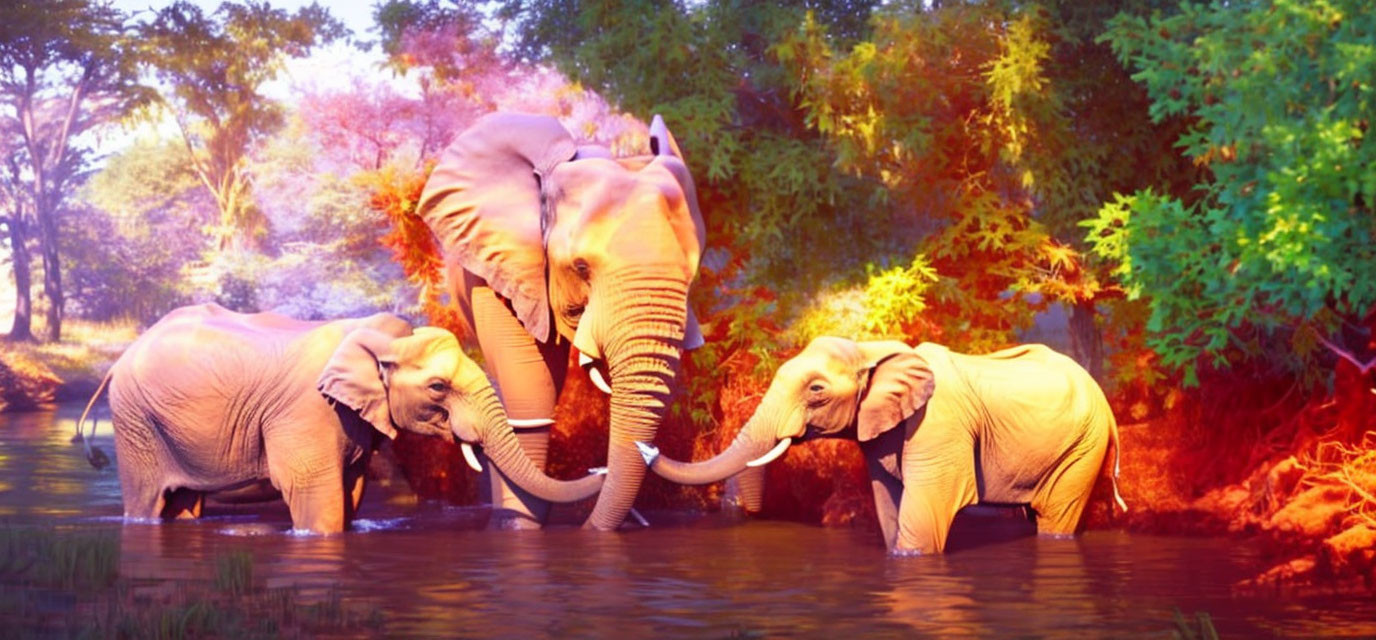 Three elephants at a lush watering hole with sunlight filtering through trees