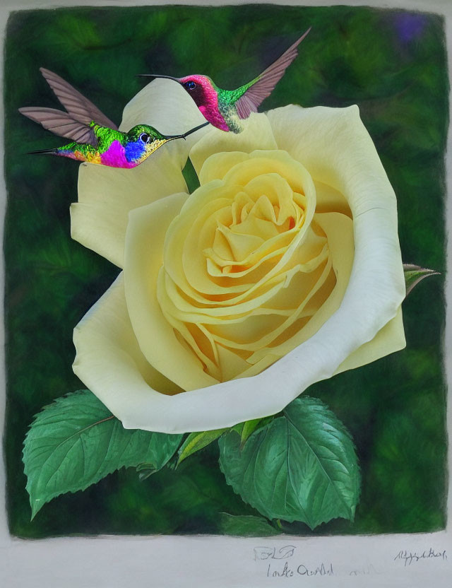 Detailed Painting of Two Hummingbirds Near Yellow Rose