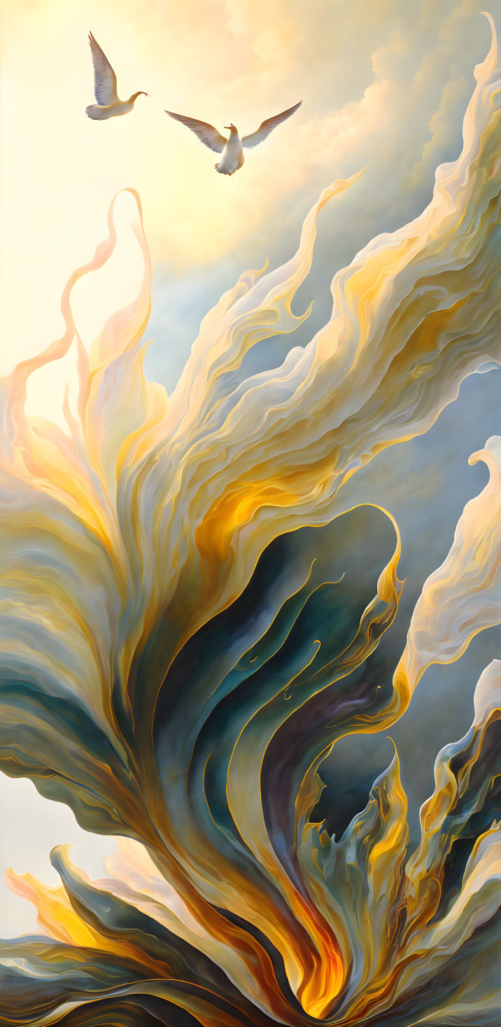 Surreal painting of massive flame-like wave with golden and blue hues under soft sky