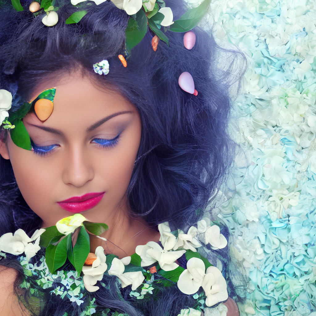 Woman with floral hair adornments and bright makeup in front of pale blue hydrangeas.