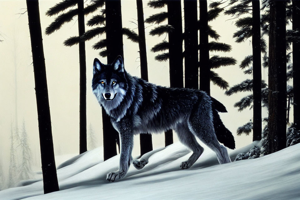 Black and Gray Wolf in Snowy Forest with Tall Evergreens