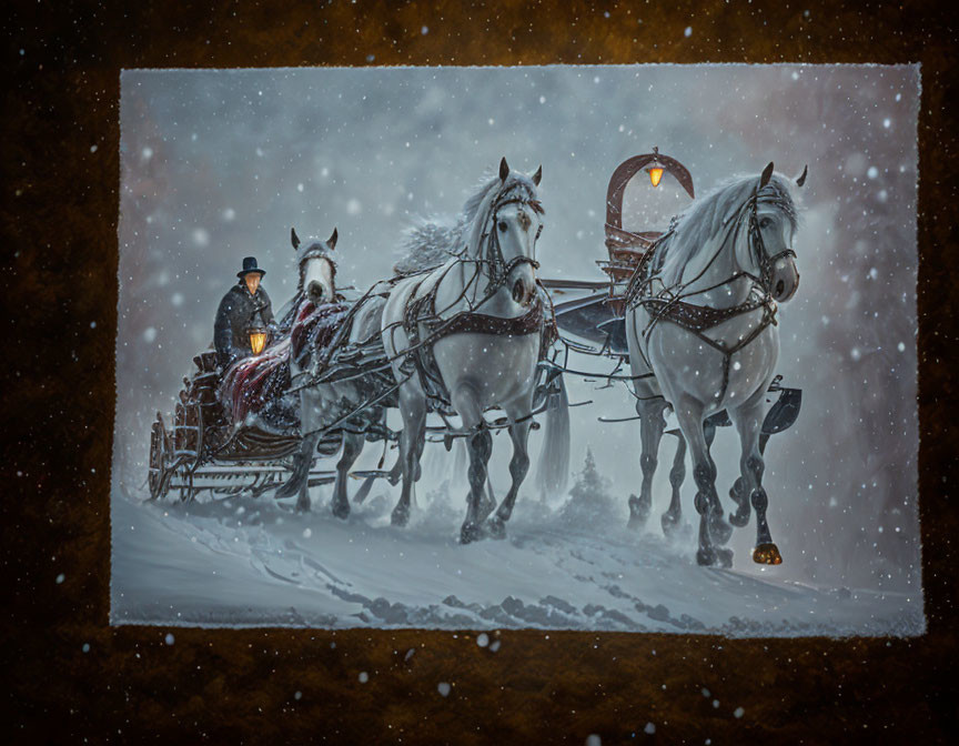 Person in hat driving horse-drawn sleigh with three white horses on snowy night