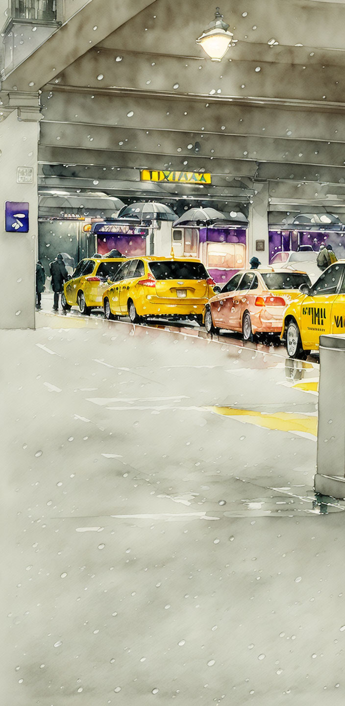 Snowy Taxi Stand Watercolor Painting with Yellow Taxis and People