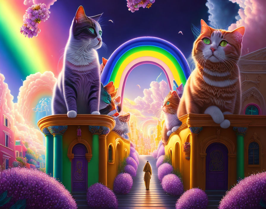 Colorful Fantasy Landscape with Oversized Majestic Cats