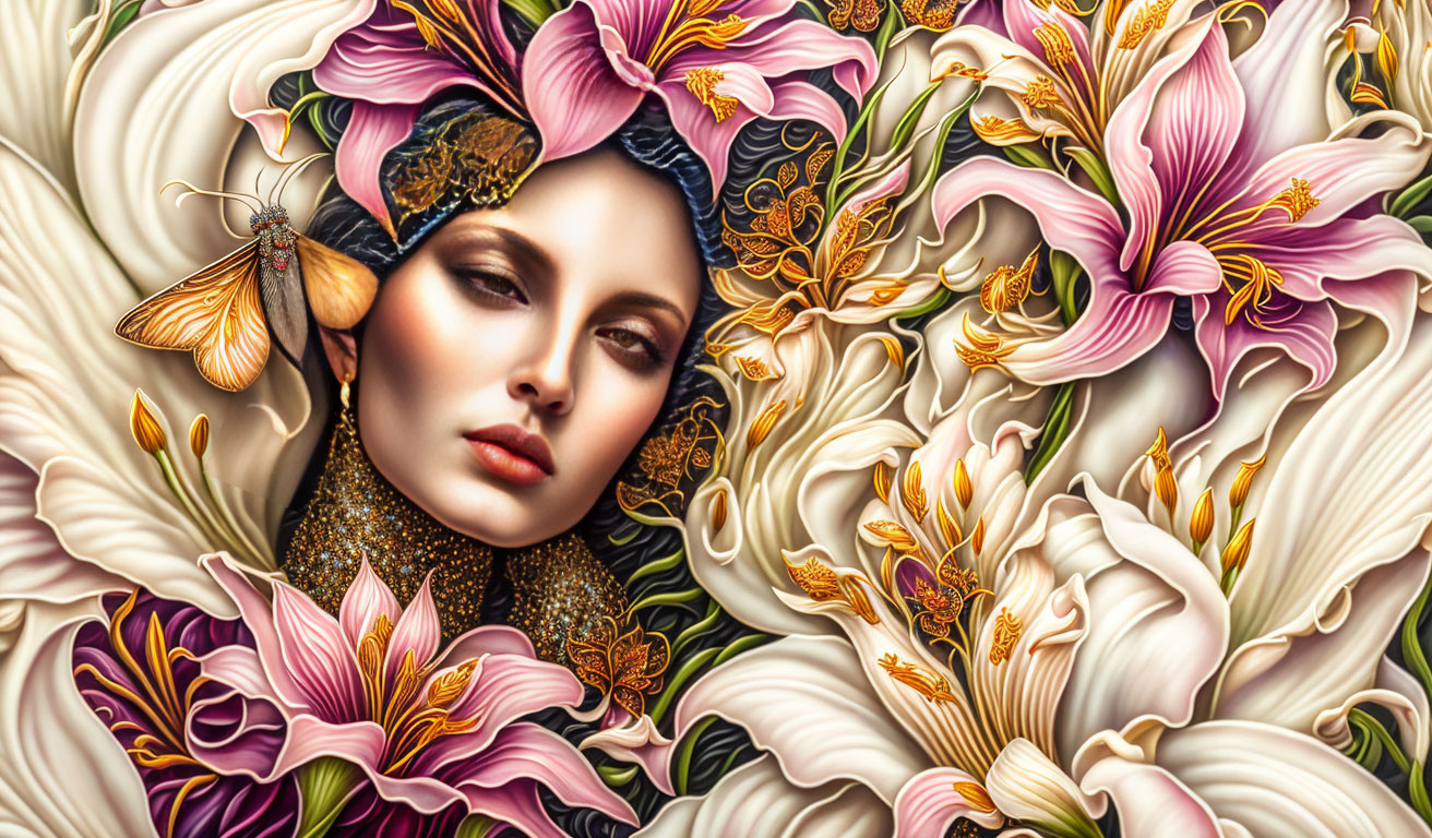 Intricate surreal artwork: woman's face with stylized lilies and butterfly