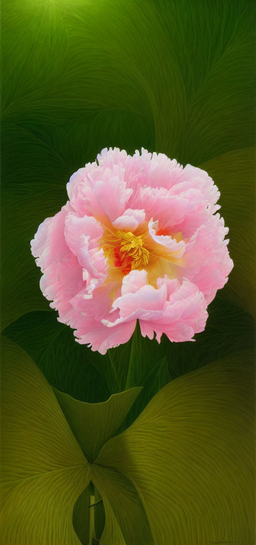 Pink peony blossom with golden center on green backdrop