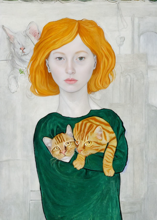 Woman with Bright Orange Hair Holding Cats: Orange Tabby Cats and White Cat Sleeping on Head