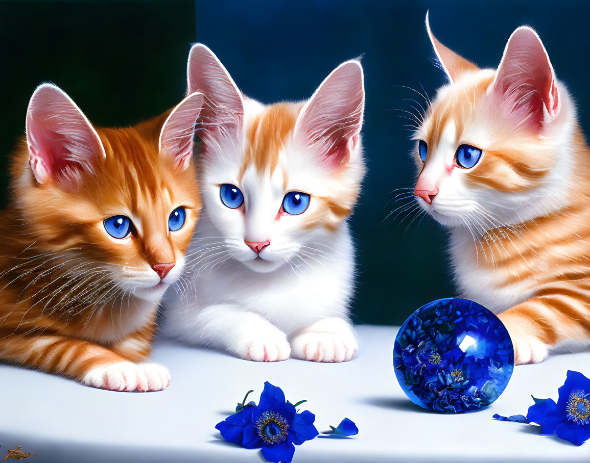 Vibrant kittens with blue eyes, sapphire gem, and flowers on dark background