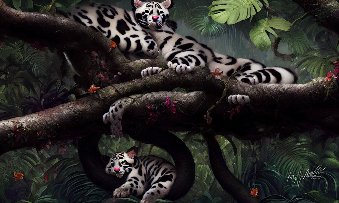 Digital artwork featuring two clouded leopards in lush jungle setting