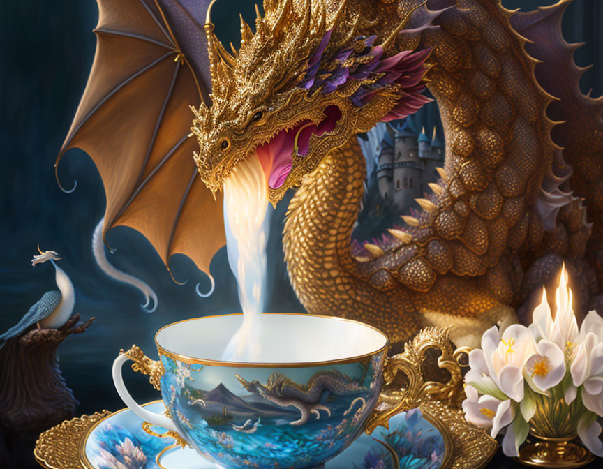 Golden dragon breathing steam into teacup with peacock, flowers, and castle.