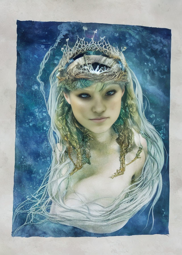 Portrait of a Woman with Blue Eyes and Crown in Celestial Aura