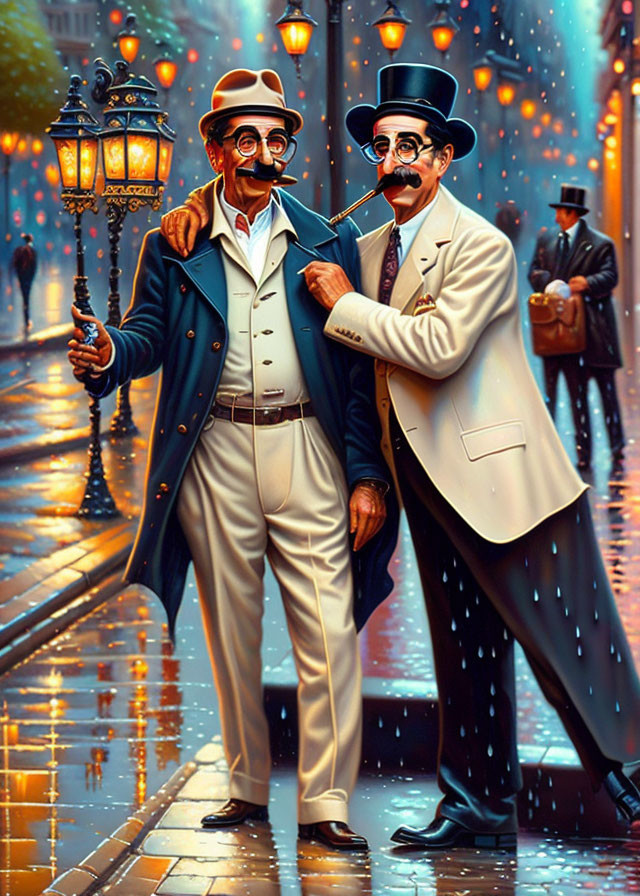 Vintage-styled gentlemen with monocles and fake mustaches in rainy city street scene.