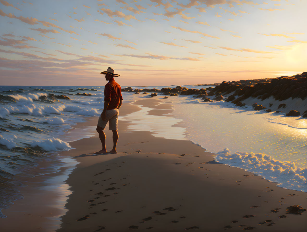 Person in Red Top and Hat on Beach at Sunset with Waves and Rocks