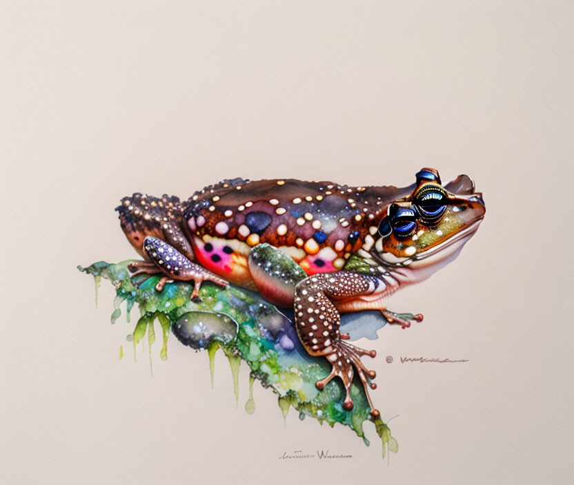 Vibrant frog painting with intricate patterns on leaf against beige background