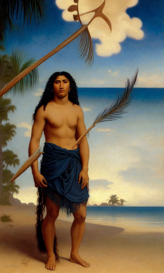 Polynesian man painting: standing with spear on beach