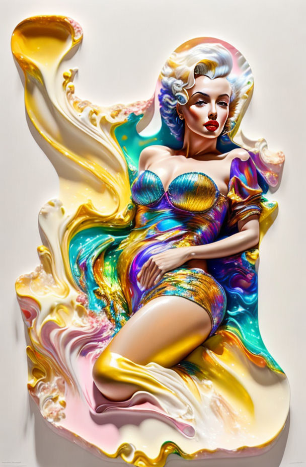 Vibrant artwork of woman in mermaid attire with flowing hair