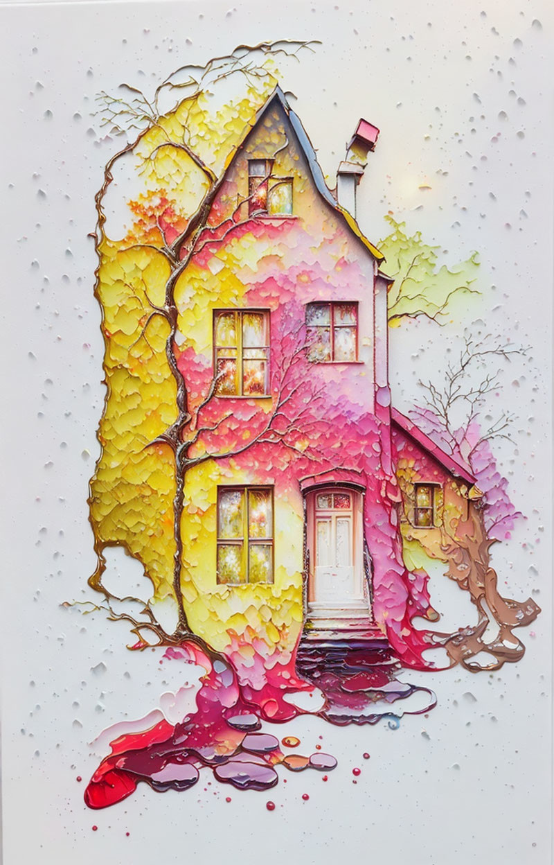 Colorful Whimsical House with Melting Walls and Bare Trees Illustration