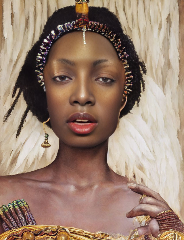 Portrait of woman with headband, feathered backdrop, earrings, and colorful necklace.