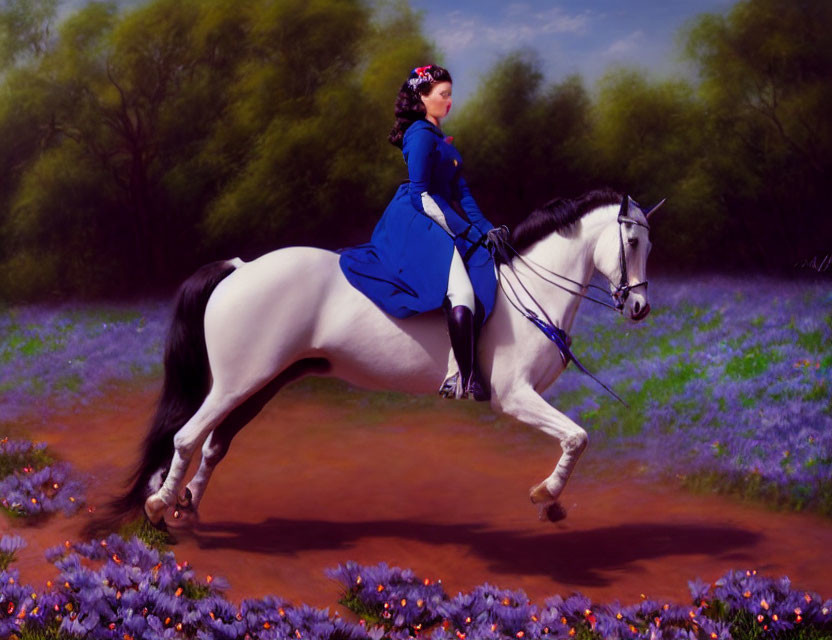 Woman in blue dress riding white horse in field of purple flowers