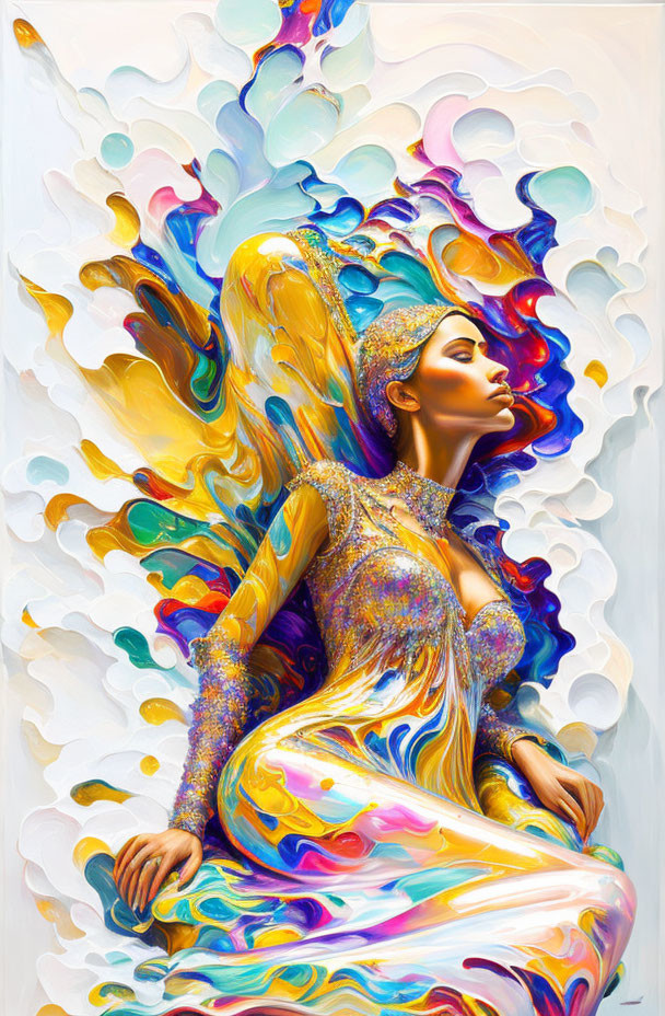 Colorful Painting of Woman with Flowing Shapes in Blues, Yellows, and Purples