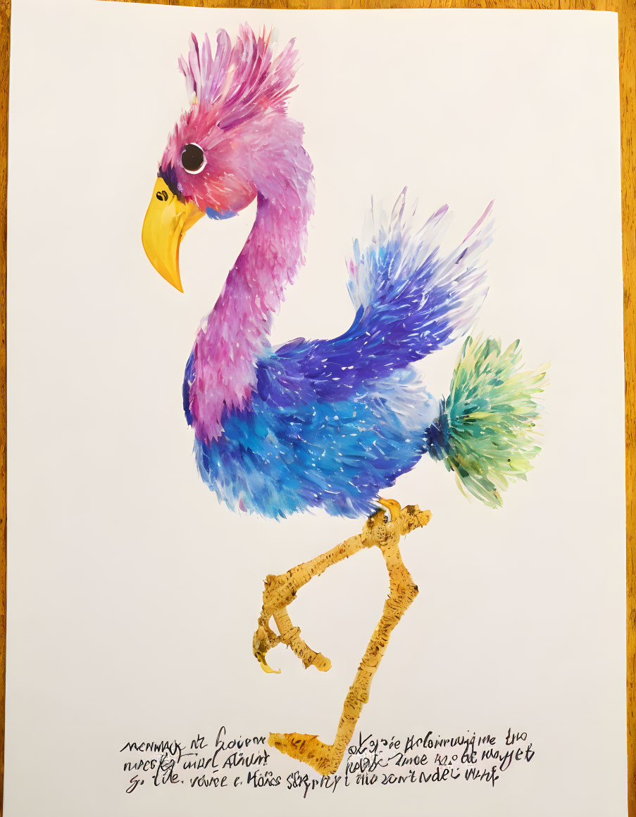 Vibrant whimsical bird with pink, purple, and green colors on golden legs